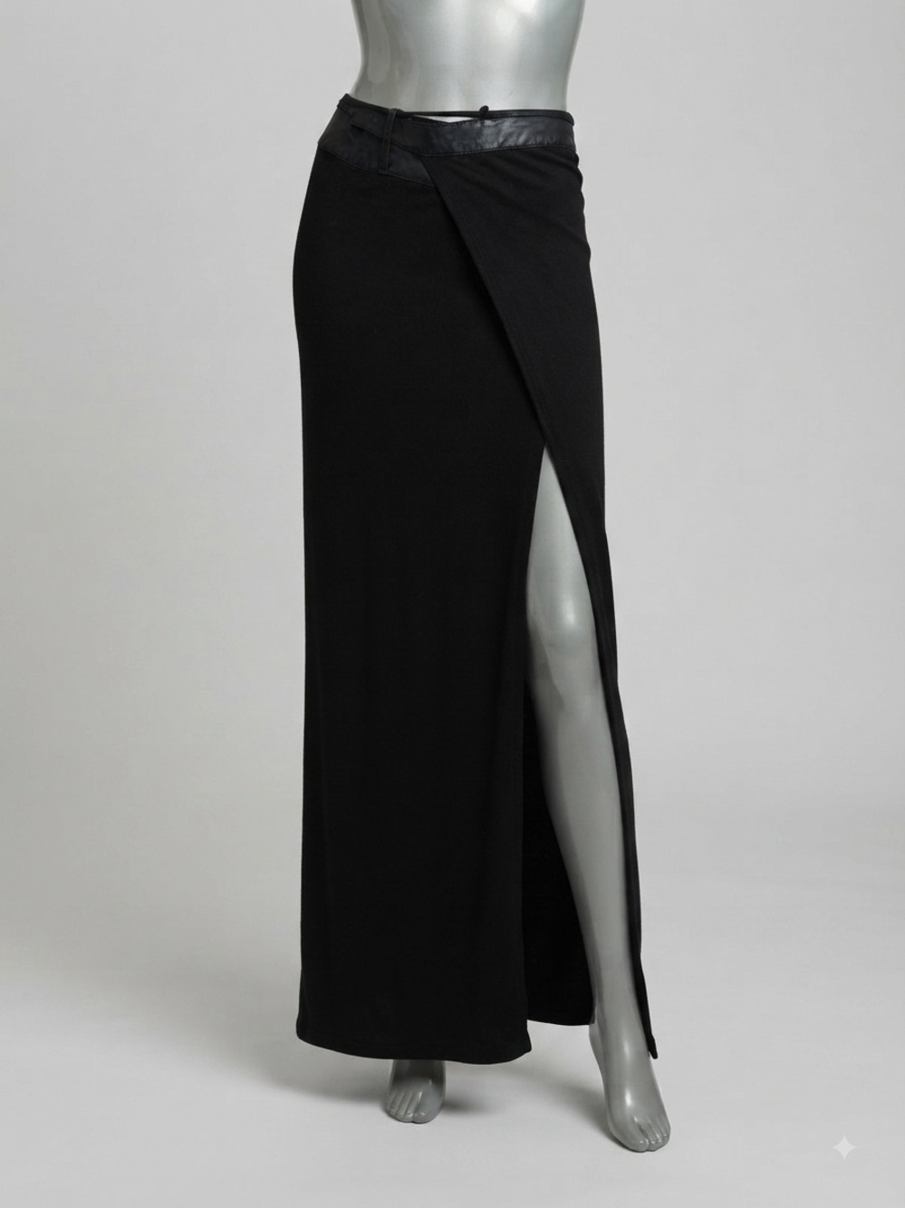 IMPROVD Black Jersey Wrap Maxi Skirt Leather Waistband Slit Sz XS